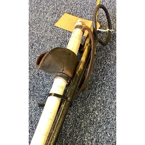 293 - An old wooden walking stick together with a candle snuffer etc. Est. £20 - £30.