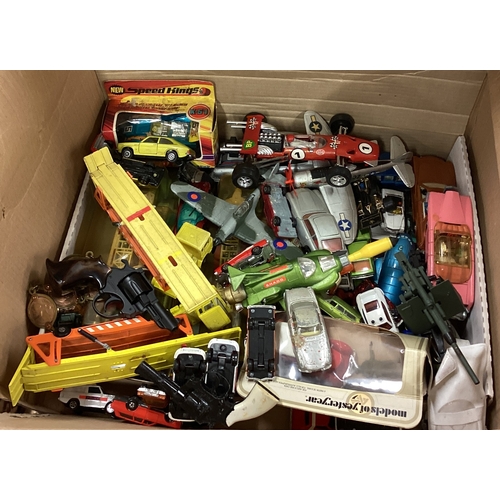 39 - Boxes containing toy cars including Thunderbirds, commemorative carriage etc. Est. £20 - £30.