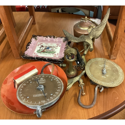 66 - A pair of lustreware dishes together with brass scales etc. Est. £20 - £30.