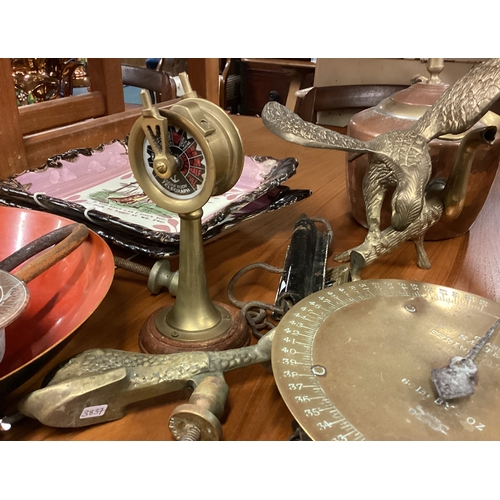 66 - A pair of lustreware dishes together with brass scales etc. Est. £20 - £30.