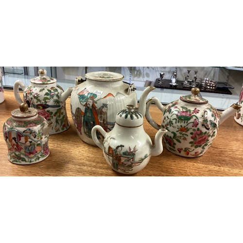 203 - A group of five Chinese miniature teapots decorated with bright colours. Est. £20 - £30.