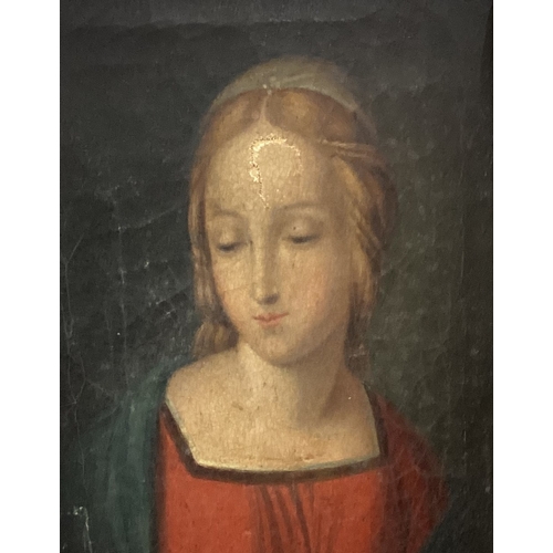 115 - AFTER RAPHAEL: A gilt framed oil on canvas depicting the face and torso of the Madonna of the Goldfi... 