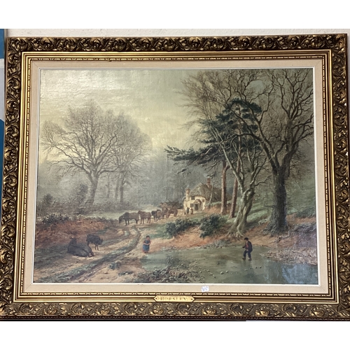 413 - A large picture depicting a woodcutters cottage scene with horses and cart and figures by a stream. ... 