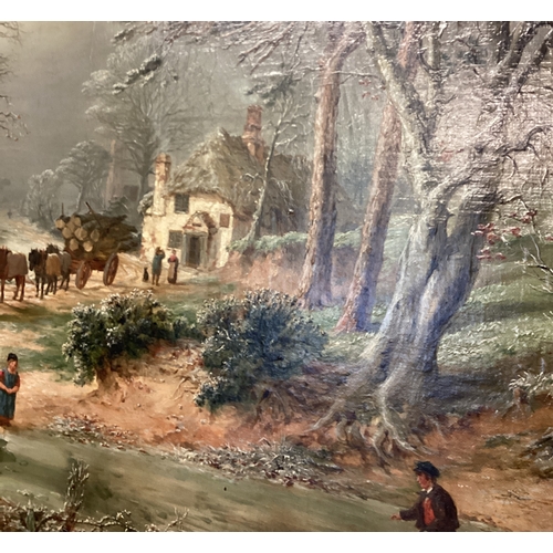 413 - A large picture depicting a woodcutters cottage scene with horses and cart and figures by a stream. ... 