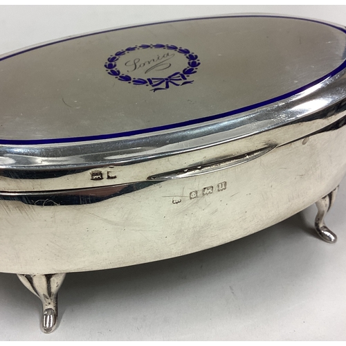 387 - A good oval silver and enamelled jewellery box with wreath decoration. Birmingham. Approx. 238 grams... 