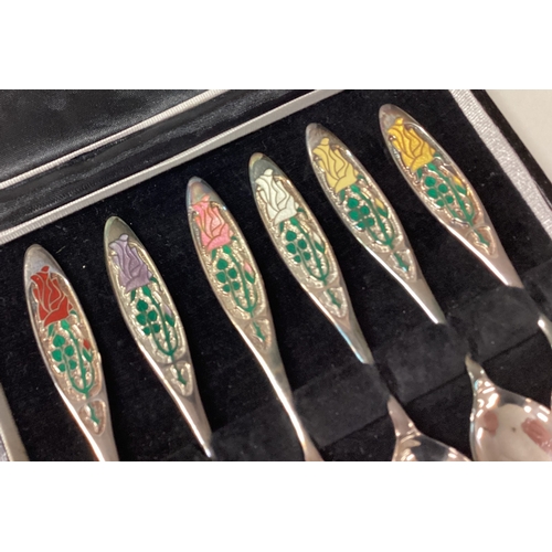 502 - A rare set of six silver and enamelled rose spoons. Birmingham 1978. By Toye Kenning & Spencer. Appr... 