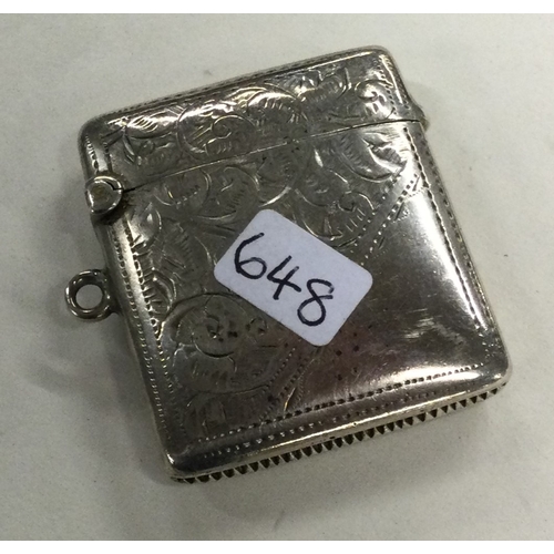 648 - A silver vesta case. Birmingham 1902. By A&J Zimmerman. Approx. 17 grams. Est. £20 - £30.