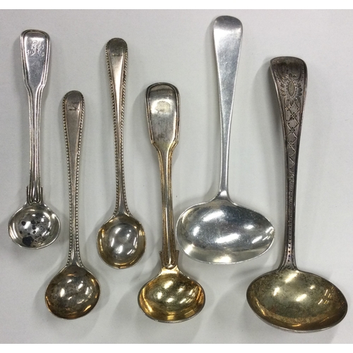 683 - A heavy Exeter silver ladle together with salt spoons etc. Various dates and makers. Approx. 120 gra... 