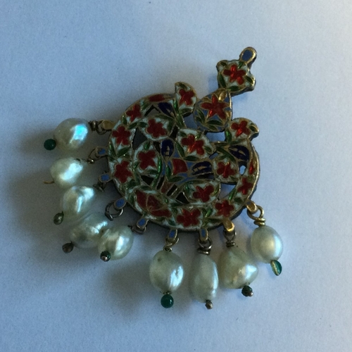 710 - A good Continental enamelled pendant with loop top and pearl tassel drops. Approx. 13 grams. Est. £8... 