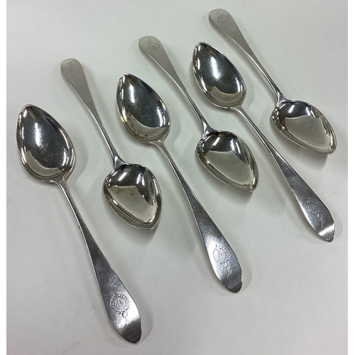 190 - A set of six 18th Century Scottish silver crested spoons. 1794. Approx. 180 grams. Est. £200 - £300.