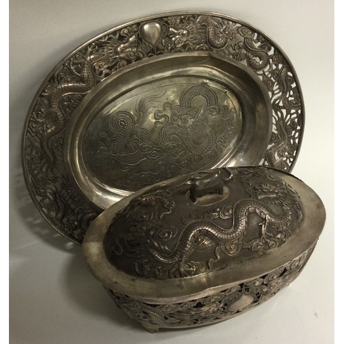 342 - A 19th Century Chinese export silver butter dish on stand. By WF. Approx. 330 grams. Est. £400 - £60... 