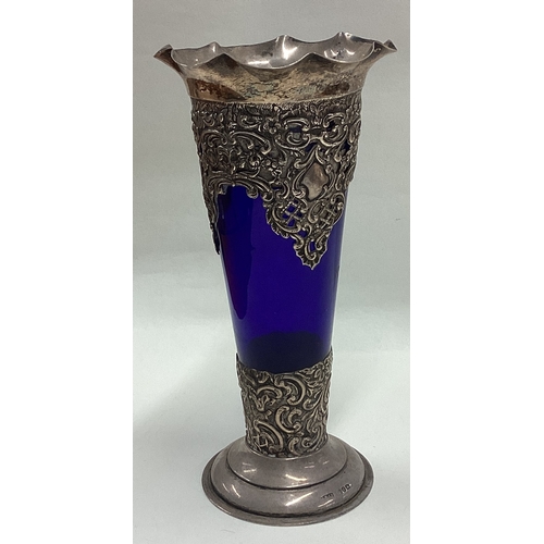 440 - A good Bristol blue tapering silver mounted spill vase. Sheffield. Approx. 400 grams of gross weight... 