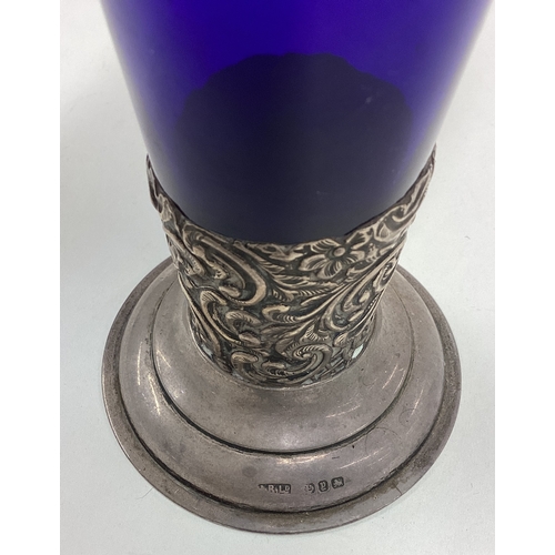 440 - A good Bristol blue tapering silver mounted spill vase. Sheffield. Approx. 400 grams of gross weight... 