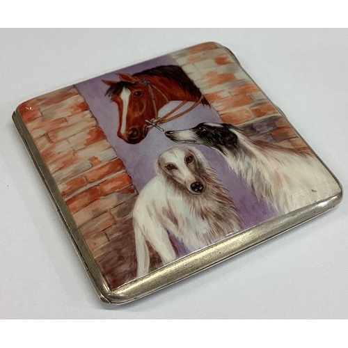 467 - A silver and enamelled cigarette case depicting horse and dogs. Birmingham 1936. By B&Co. Approx. 97... 