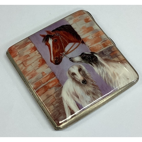 467 - A silver and enamelled cigarette case depicting horse and dogs. Birmingham 1936. By B&Co. Approx. 97... 