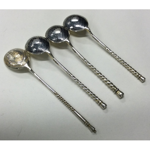 86 - A set of three 19th Century Russian silver and Niello spoons. 1867. Marked to sides. Together with o... 