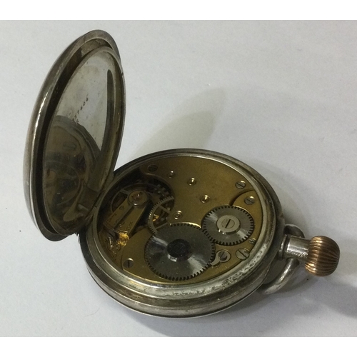 949 - OMEGA: A gent's silver Half Hunter pocket watch with white enamelled dial. Est. £150 - £200.