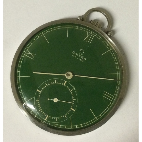 952 - OMEGA: A good stainless steel pocket watch of stylised form with racing green enamelled dial. Est. £... 