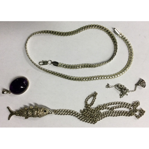 565 - A silver flat link necklace together with a fish pendant etc. Approx. 72 grams. Est. £30 - £50.