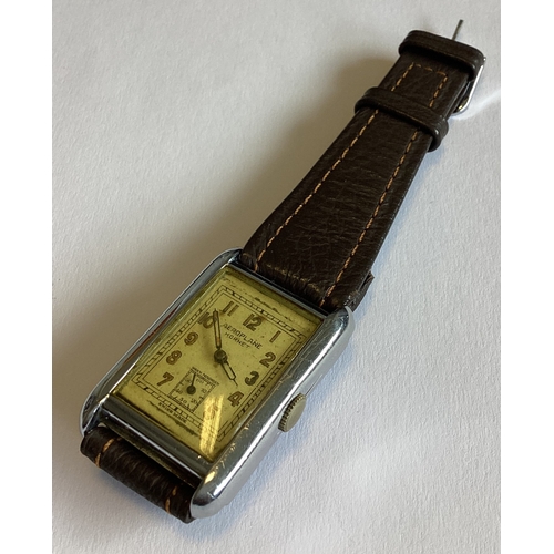 959 - HORNET AEROPLANE: A gent's rectangular stainless steel wristwatch on leather strap. Est. £30 - £50.