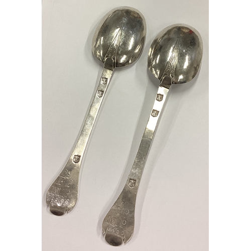 170 - EXETER: An oversized pair of 17th Century silver trefid spoons. Dated 1696 and 1698. By Thomas Salte... 