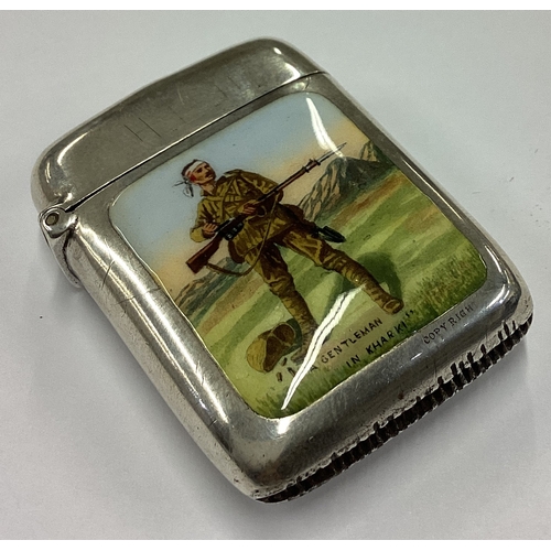 240 - A silver and enamelled vesta case depicting a soldier. Birmingham 1899. By CSFS. Approx. 37 grams. E... 