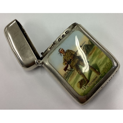 240 - A silver and enamelled vesta case depicting a soldier. Birmingham 1899. By CSFS. Approx. 37 grams. E... 