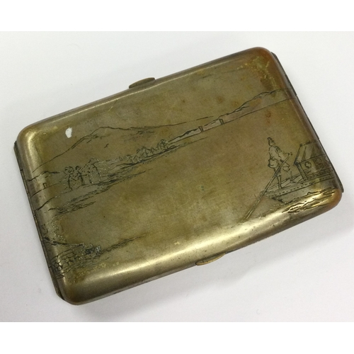 391 - A Japanese silver and Niello double opening cigarette case engraved with mountains and river scenes.... 