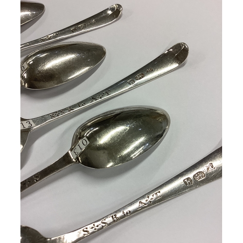 587 - HESTER BATEMAN: A fine and rare set of six silver bright-cut spoons. London 1783. Approx. 64 grams. ... 