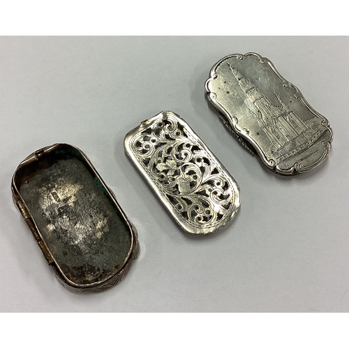 699 - A Victorian silver castle top vinaigrette with engraved decoration. Birmingham. By Nathaniel Mills. ... 