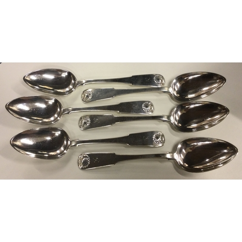 644 - PERTH: A good set of six Provincial Scottish silver fiddle pattern and shell serving spoons. By Robe... 