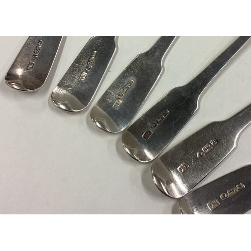 250 - EXETER: A set of six silver fiddle pattern dessert spoons. By Joseph Hicks. Approx. 223 grams. Est. ... 