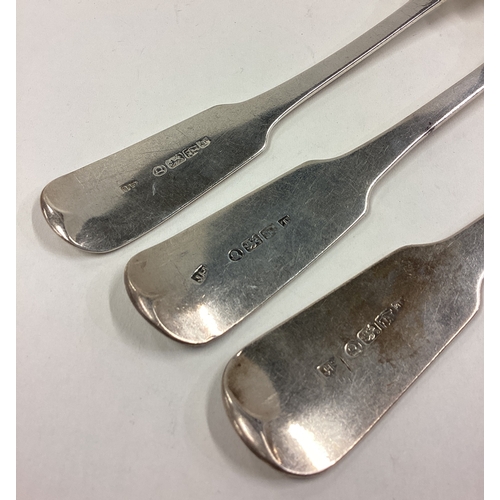 251 - A heavy set of three silver fiddle pattern table forks. By Joseph Hicks. Approx. 224 grams. Est. £80... 