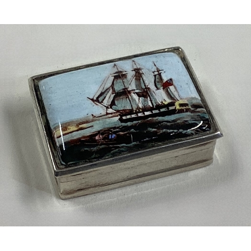 254 - OF NAUTICAL INTEREST: A silver and enamelled pill box. Approx. 24 grams. Est. £30 - £40.