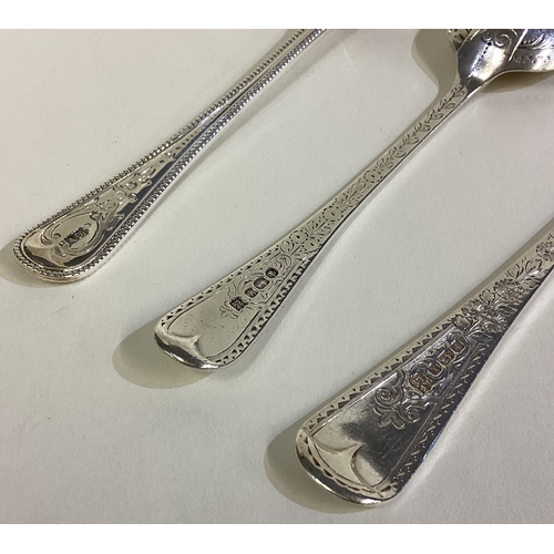 342 - A group of three bright-cut silver spoons. Various dates and makers. Approx. 118 grams. Est. £30 - £... 