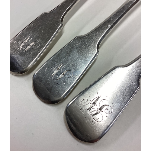 403 - A good set of three silver fiddle pattern table forks. London. By TW&JH. Approx. 225 grams. Est. £80... 