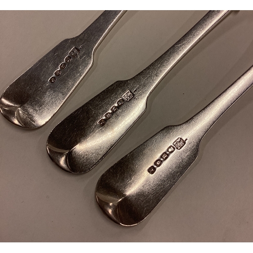 403 - A good set of three silver fiddle pattern table forks. London. By TW&JH. Approx. 225 grams. Est. £80... 