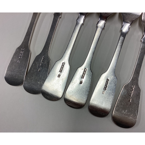 468 - EXETER: A heavy matched set of six silver fiddle pattern table forks. By JR. Approx. 472 grams. Est.... 