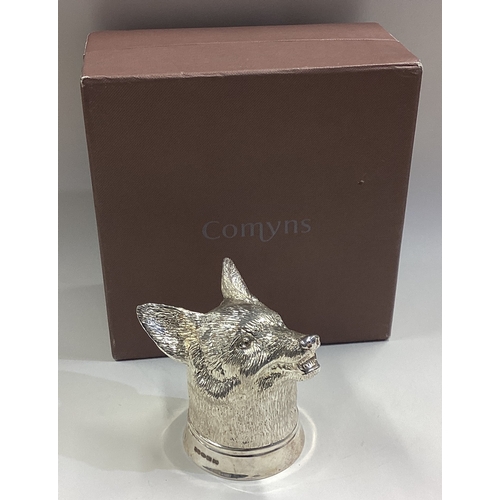 670 - A silver fox head stirrup cup contained within original box. London 1906. By William Comyns. Current... 