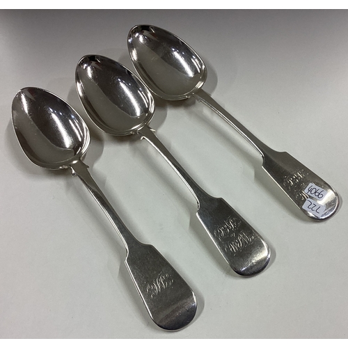 722 - EXETER: A heavy matched set of three silver fiddle pattern tablespoons. By John Stone. Approx. 213 g... 