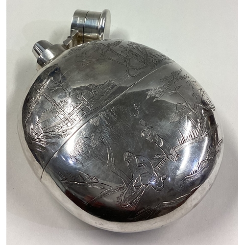 170 - A rare oversized Chinese export silver flask with engraved decoration of farming scenes to one side ... 