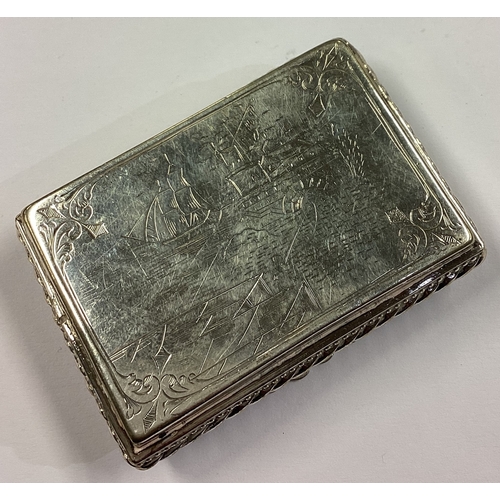 180 - An Old Sheffield Plate snuff box decorated with engraved shipping scene. Circa 1830. Approx. 78 gram... 