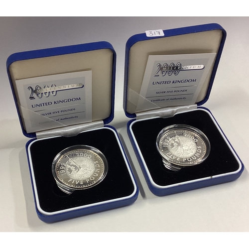 317 - Two heavy Proof silver Five Pound coins. Est. £30 - £50.