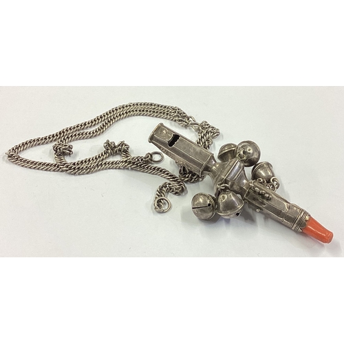 344 - A George II silver rattle with coral teether. Circa 1750. Maker's mark only. Approx. 84 grams. Est. ... 