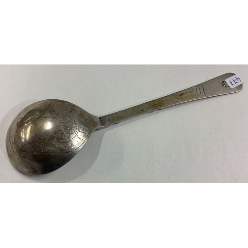 477 - An 18th Century Dutch silver spoon with later inscription. Marked to handle. Approx. 42 grams. Est. ... 