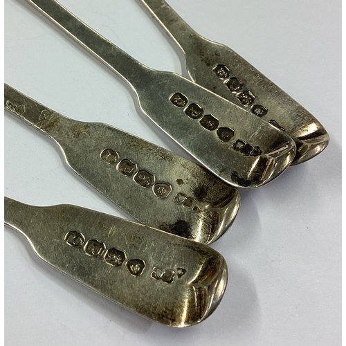 55 - A set of four crested silver mustard spoons. London 1810. Approx. 55 grams. Est. £50 - £80.