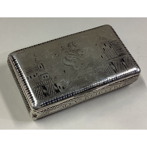 607 - A 19th Century Russian silver and Niello snuff box with engraved decoration of buildings and knight ... 