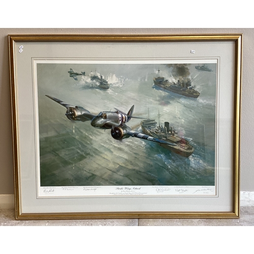 102 - A selection of seven limited edition pencil signed and other framed and glazed military aeroplane, a... 