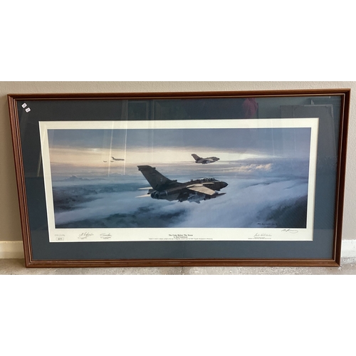 102 - A selection of seven limited edition pencil signed and other framed and glazed military aeroplane, a... 