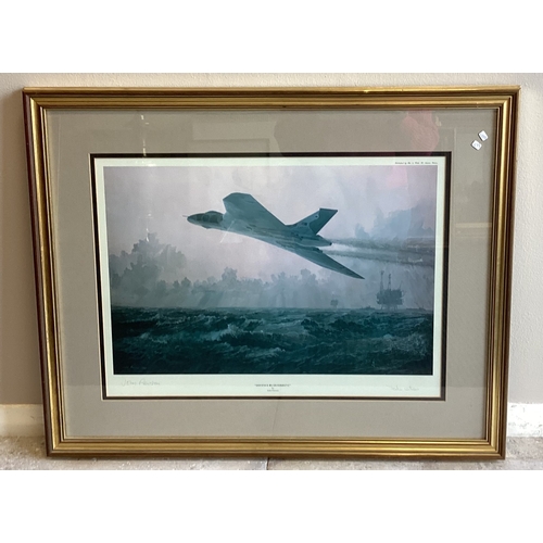 102 - A selection of seven limited edition pencil signed and other framed and glazed military aeroplane, a... 